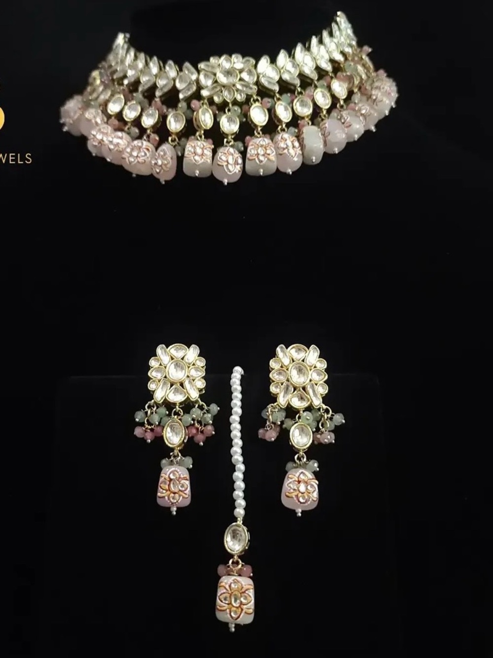Indian kundan hand painted Elegant Gold-Tone Necklace Set with Pink Floral